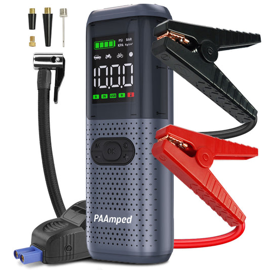 PAAmped Portable Car Jump Starter with Air Compressor - 2500A Battery Pack, 150PSI, Safe Car Jumper Box with Display & Emergency Light - Gas/Diesel Engines