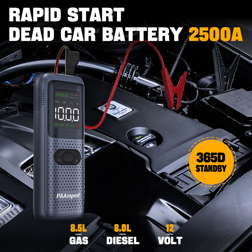 PAAmped Portable Car Jump Starter with Air Compressor - 2500A Battery Pack, 150PSI, Safe Car Jumper Box with Display & Emergency Light - Gas/Diesel Engines