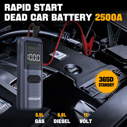 PAAmped Portable Car Jump Starter with Air Compressor - 2500A Battery Pack, 150PSI, Safe Car Jumper Box with Display & Emergency Light - Gas/Diesel Engines