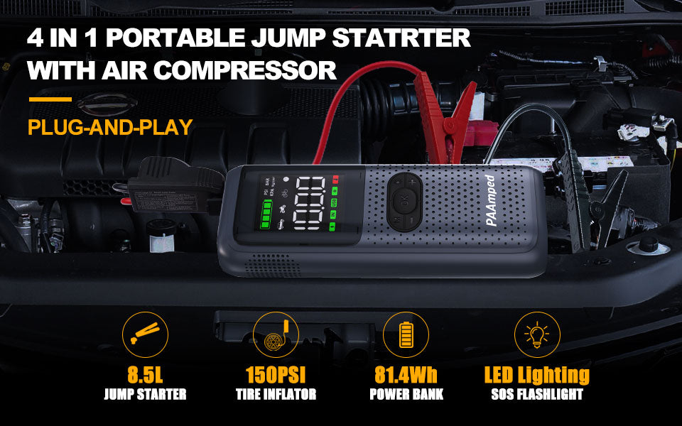 PAAmped Portable Car Jump Starter with Air Compressor - 2500A Battery Pack, 150PSI, Safe Car Jumper Box with Display & Emergency Light - Gas/Diesel Engines